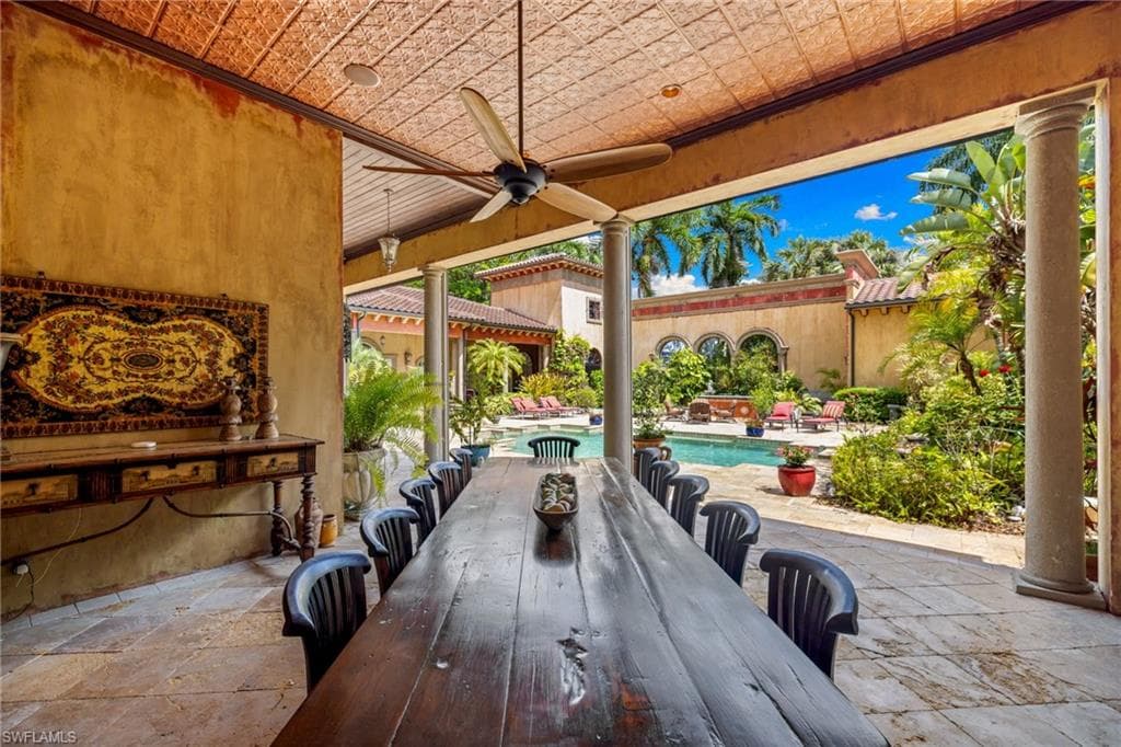 Covered outdoor patio with a large wooden dining table, a ceiling fan, and a textured ceiling