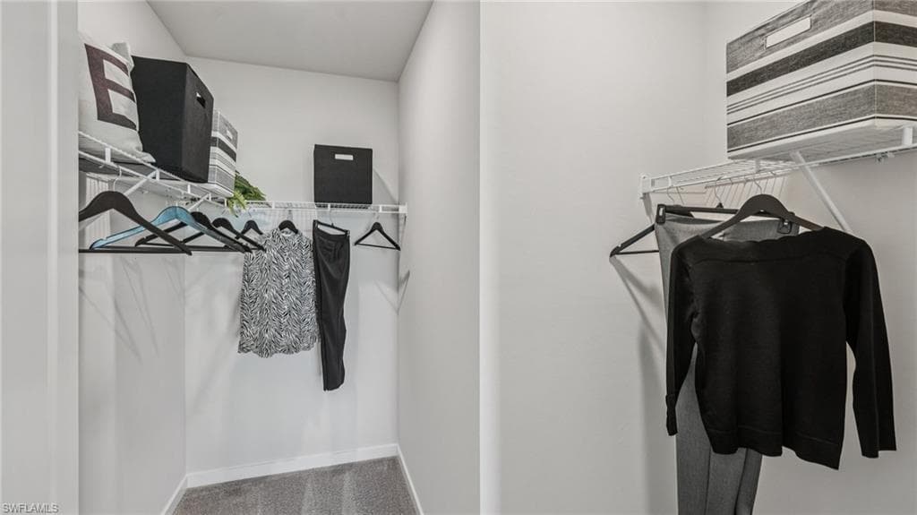 Walk-in closet featuring wire shelving and hanging rods