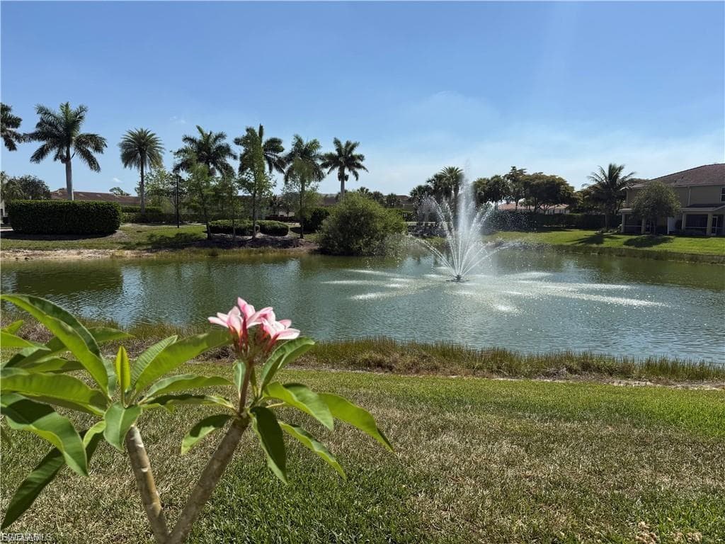 Landscaped grounds featuring a lake with an active fountain, mature palm trees, and residential architecture in the background