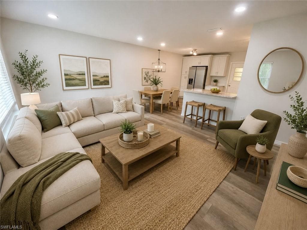 Open-concept living area with wood-finish flooring