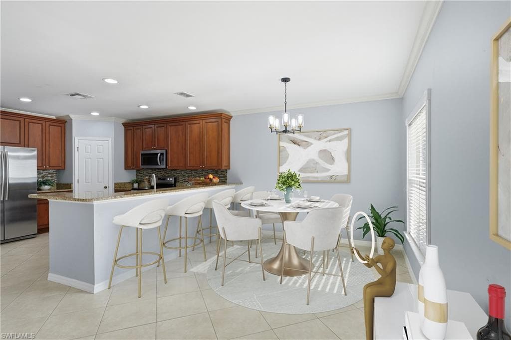 Kitchen and dining area featuring wood-finish cabinetry, stainless steel appliances, granite countertops, and tile flooring