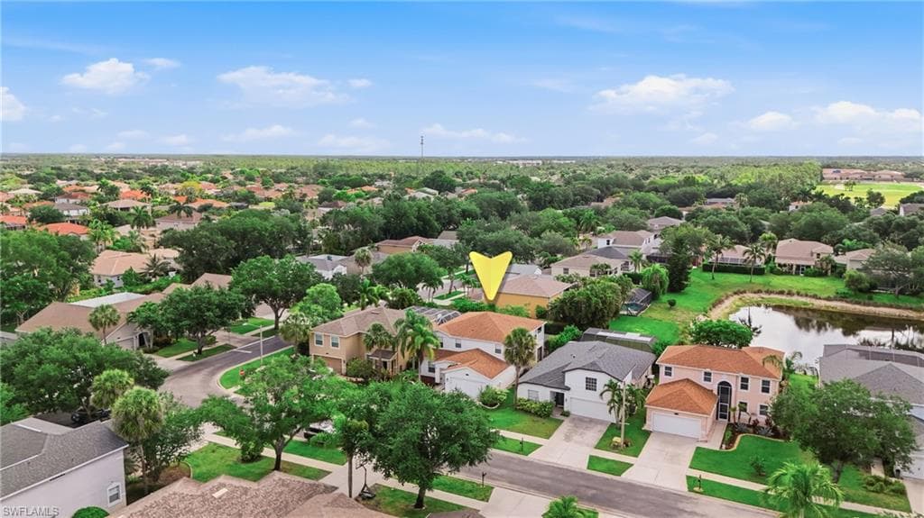 Aerial perspective showcasing a residential neighborhood with varied architectural styles