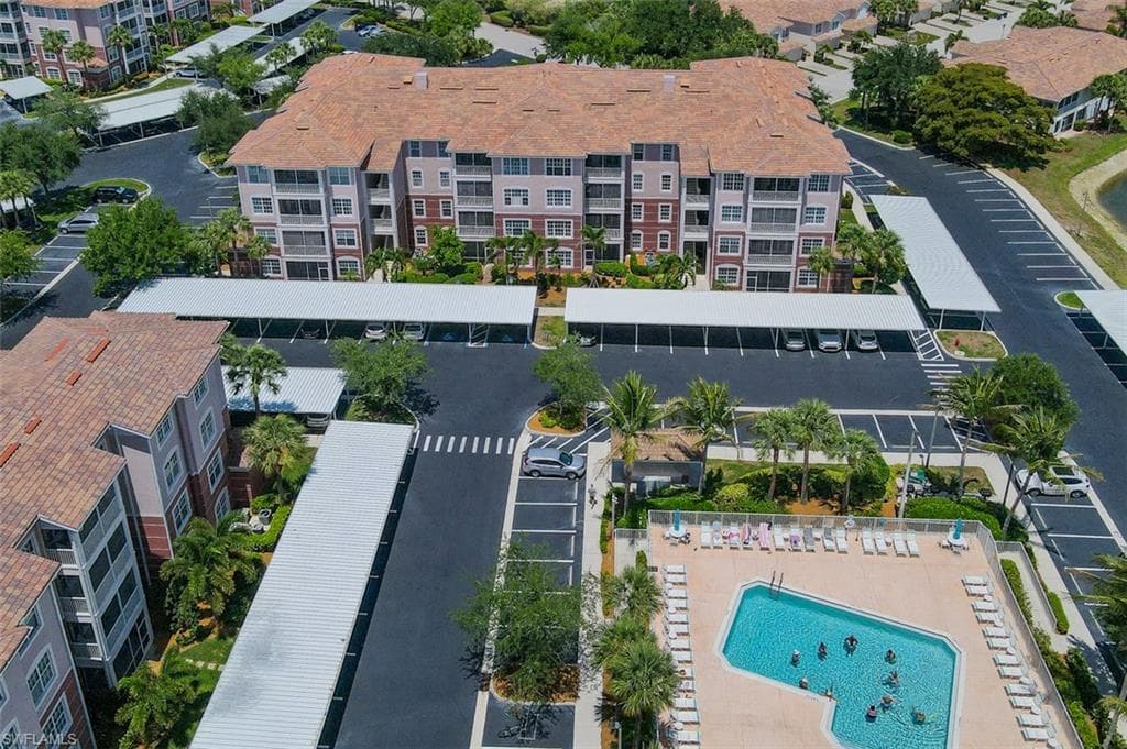 Aerial view of building and the large heated pool.