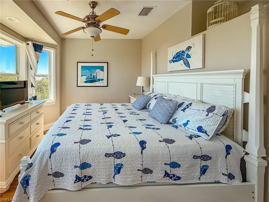 Bedroom featuring visible vents and ceiling fan