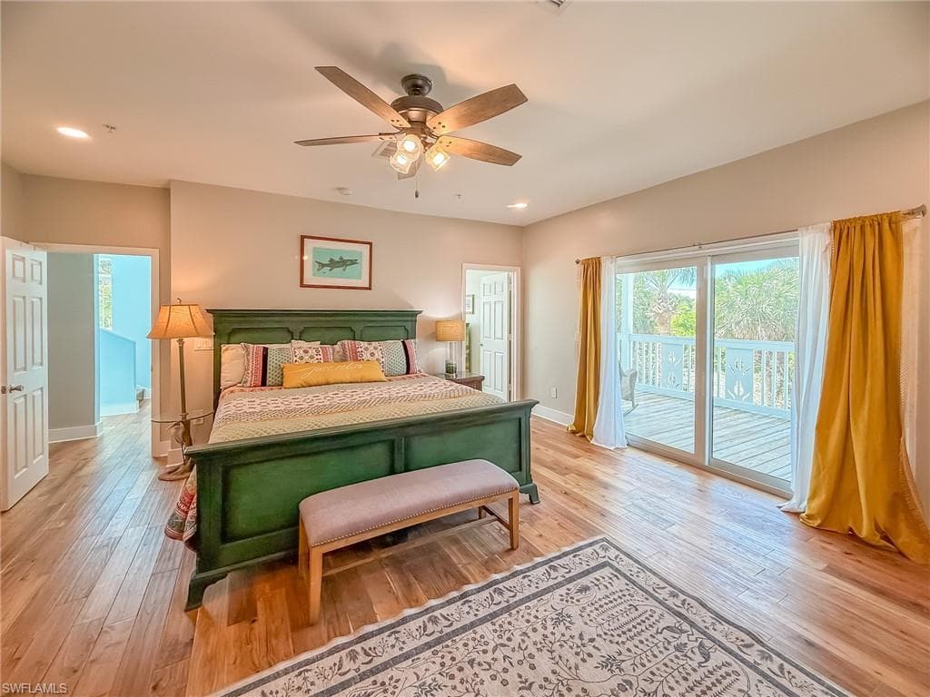 Bedroom featuring access to outside, recessed lighting, light wood-style floors, baseboards, and ceiling fan
