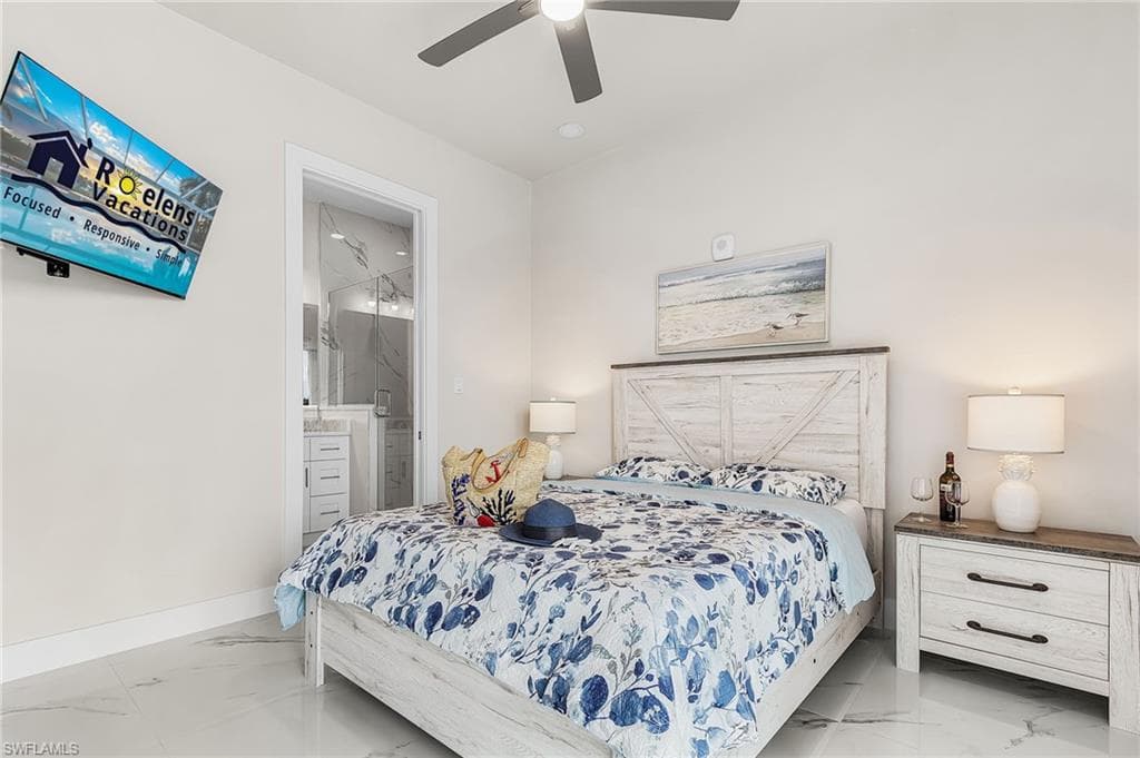 Bedroom featuring a ceiling fan, white baseboards, and white tile flooring - Virtually Edited Image