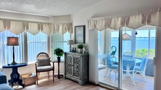 Sliding glass doors opening to a sunroom with expansive water scenery, featuring light wood-finish flooring, a decorative cabinet, and large windows with vertical blinds