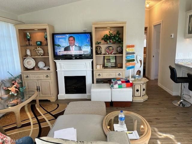 LIVING ROOM WITH FIREPLACE, LAMINATE FLOORING