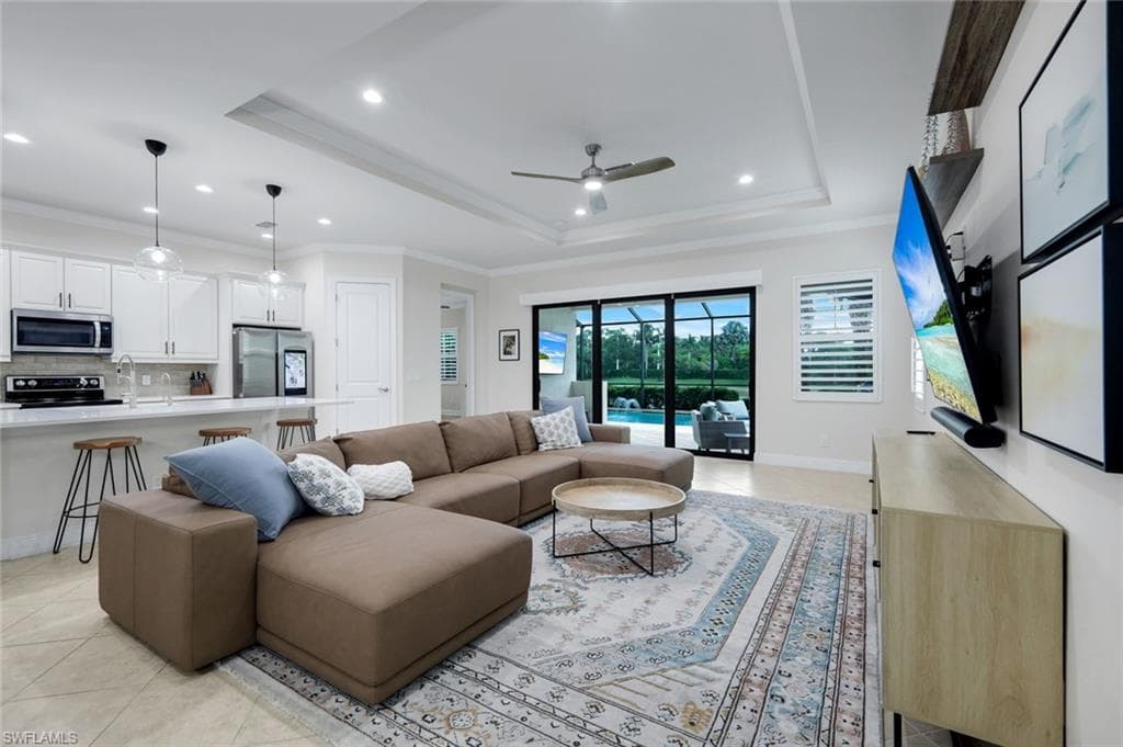 Living Room with Tray Ceiling