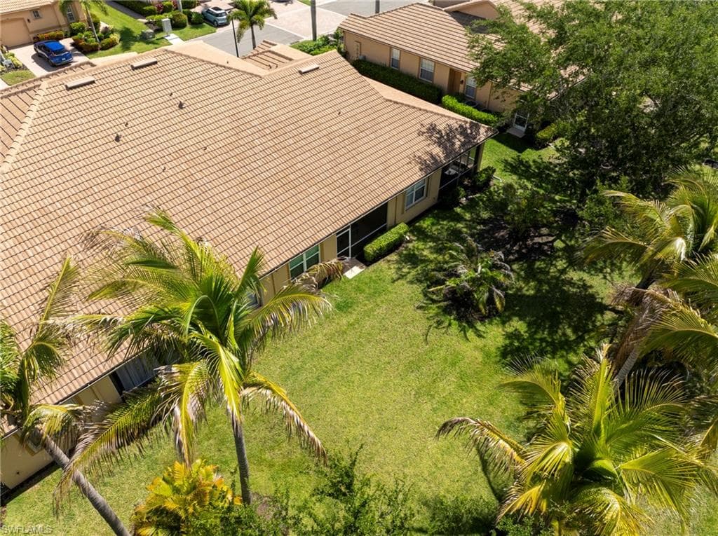 Expansive green lawn with mature palm trees and established landscaping