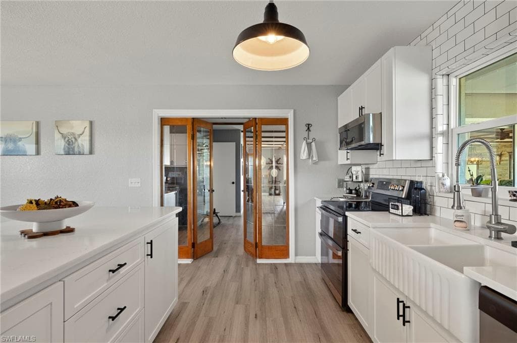 French door with glass sidelites leading to the Living Room and Dining Room