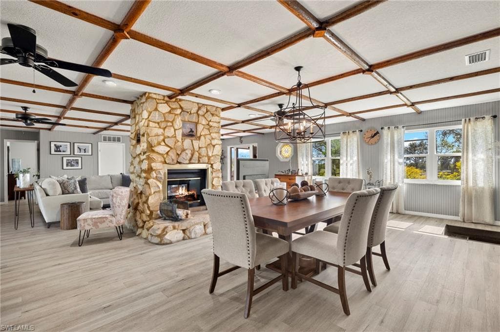 Formal Dining Room side of the woodburning Stone Fireplace