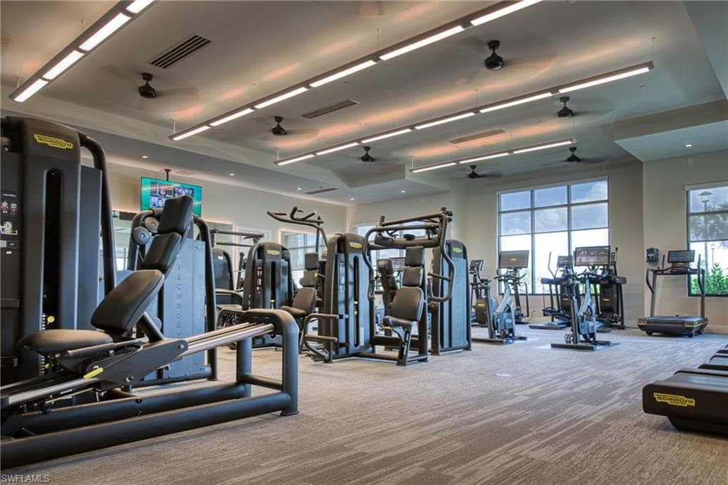 Fitness center featuring a patterned carpet, large windows, ceiling fans, and linear LED lighting
