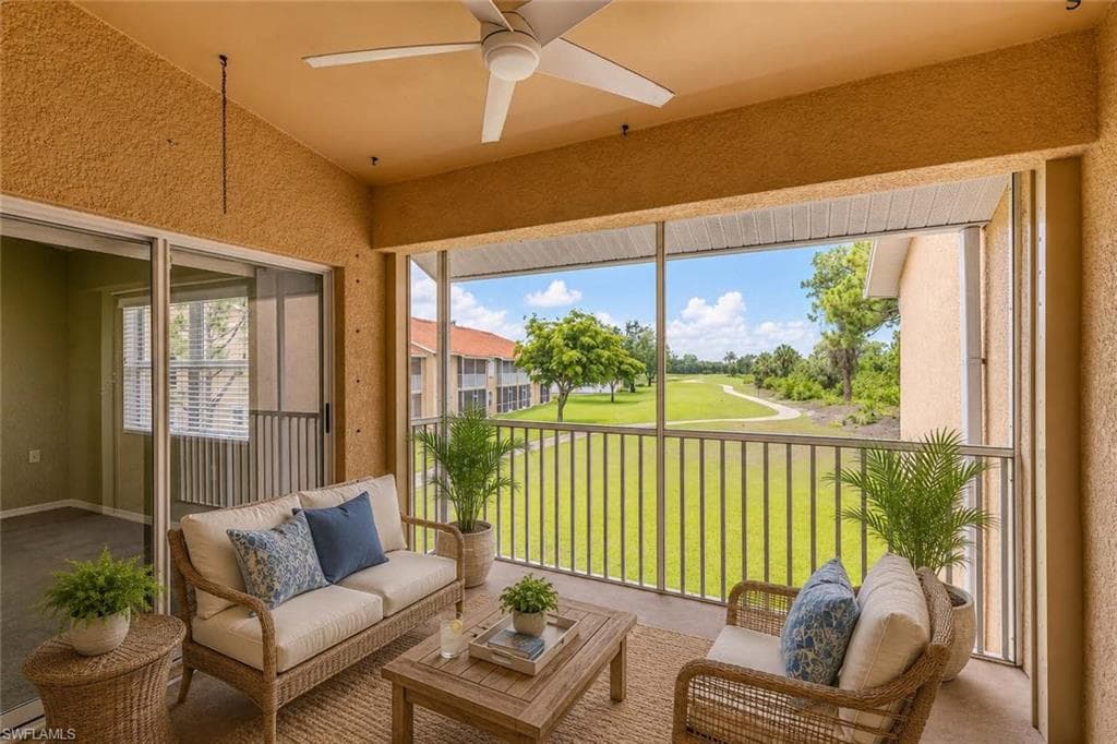 Screened lanai with extensive view of golf course frontage (virtually staged)