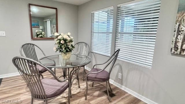Dining area featuring wood-finish flooring, two large windows with blinds, light gray wall paint, and white baseboards