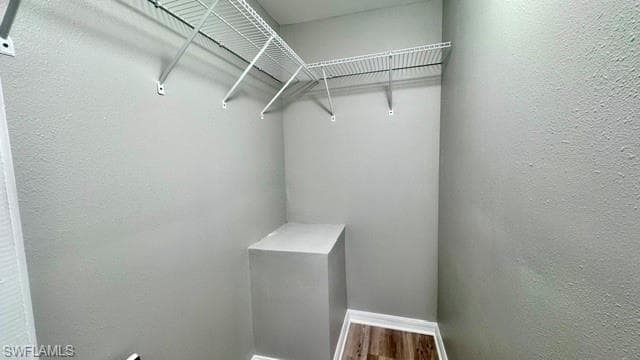 Walk-in closet with wire shelving, light gray walls, and wood-finish flooring