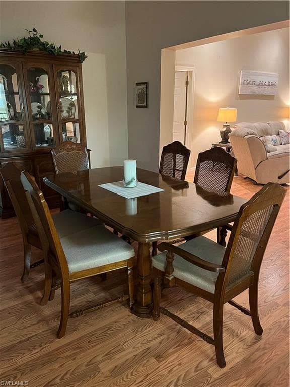 Dining area featuring a wood-finish flooring, a wide archway, and neutral wall tones