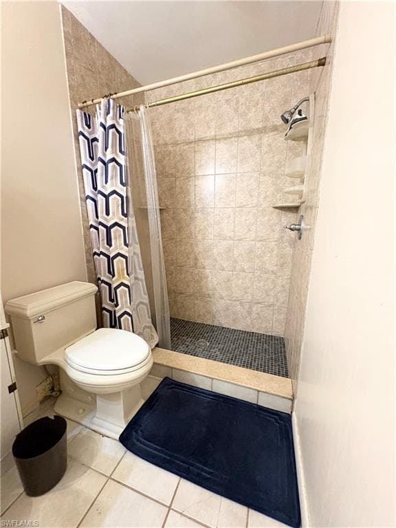 Walk-in shower featuring light-toned tile walls and a dark mosaic tile floor
