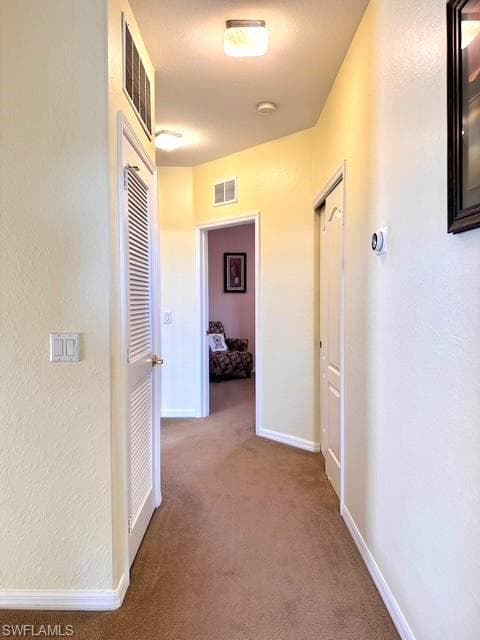 Hallway featuring carpet floors