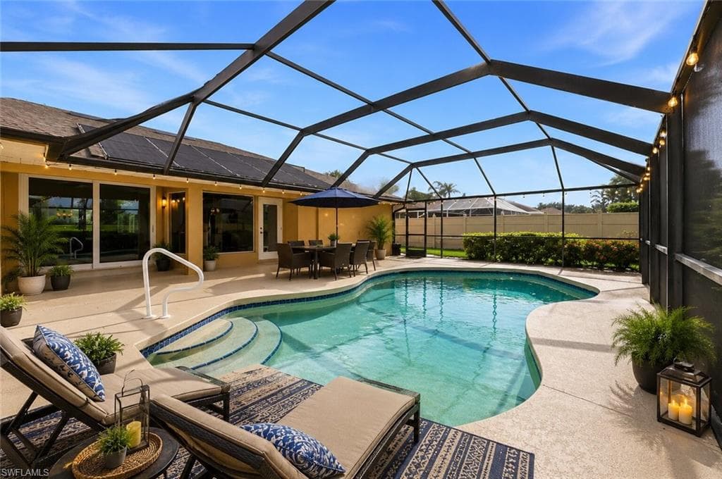 Pool furniture and lightning is AI generated. Pool is real.