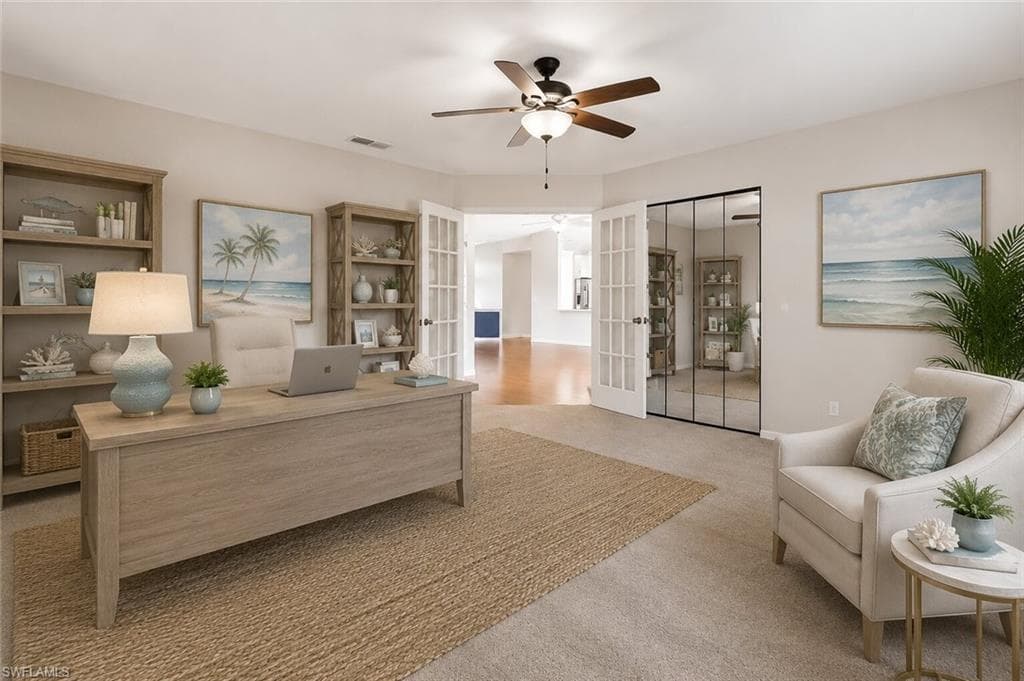 Could be office or fourth bedroom, off the living room. flooring and room as seen, furniture is ai generated