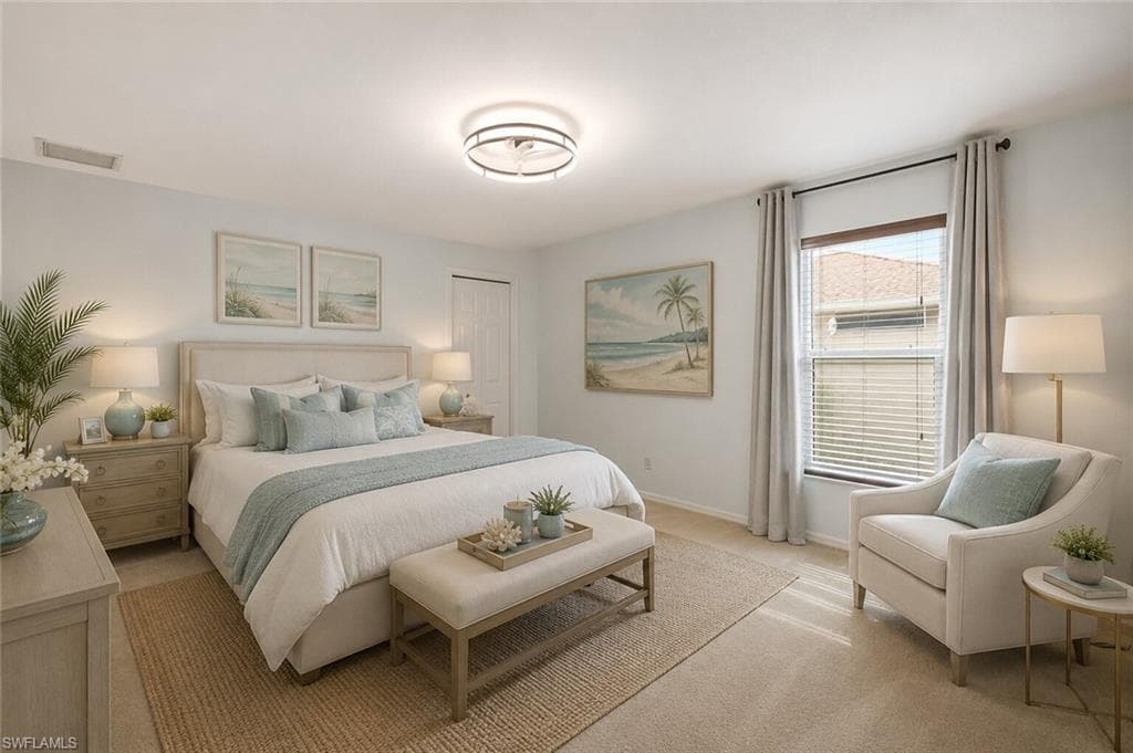 Primary Bedroom is as seen, carpet in the bedroom, furniture is AI generated