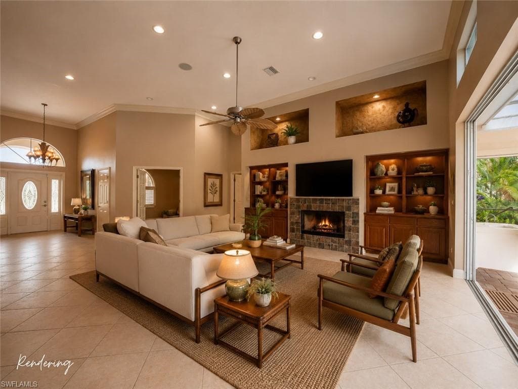 Rendering example of a renovated living area, demonstrating the opportunity to personalize finishes while building upon the home's exceptional architectural foundation.