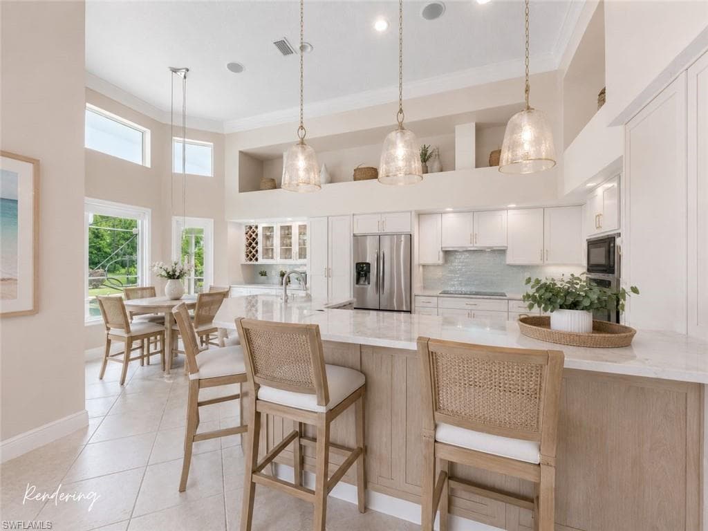 Conceptual kitchen renovation illustrating how modern cabinetry, countertops, and lighting can transform this spacious gathering space into the centerpiece of the home.