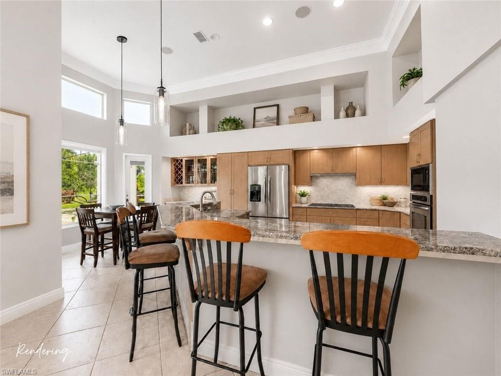 Design rendering highlighting the exceptional potential of the existing layout, where updated finishes can create a bright and sophisticated open-concept kitchen.