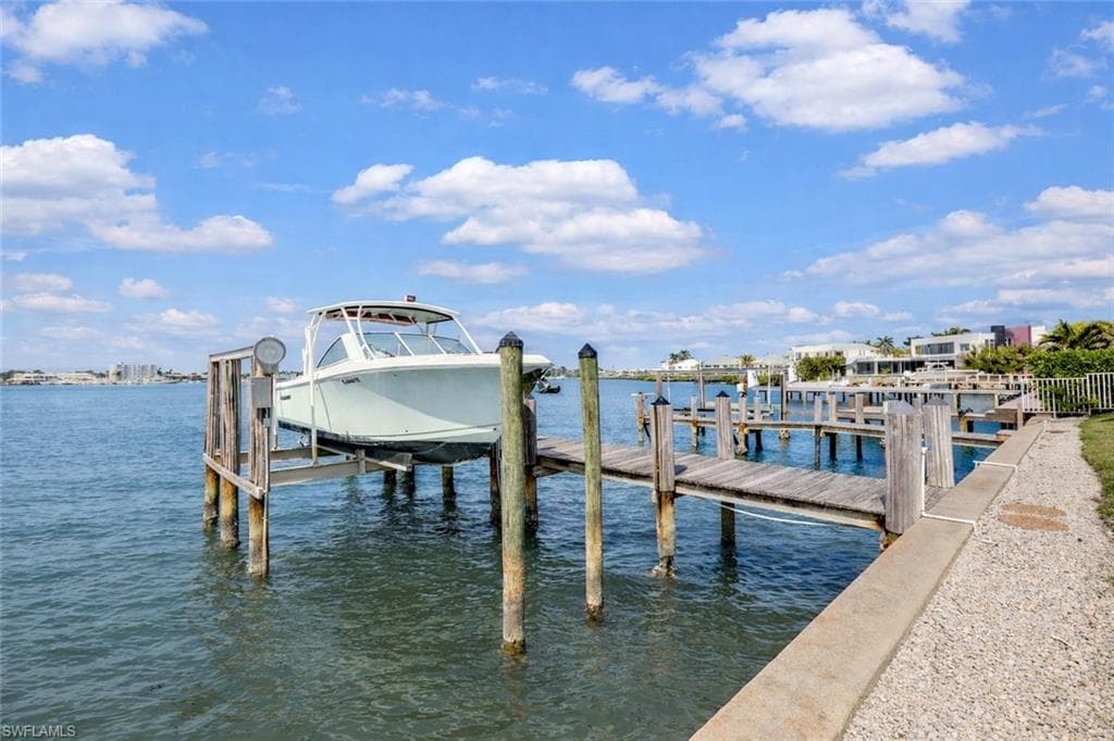 Dock with boat lift and a water view