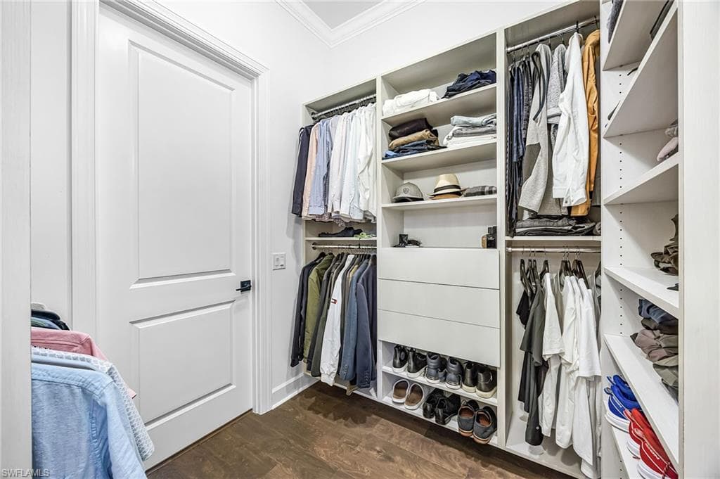 Walk in closet with dark wood-style flooring