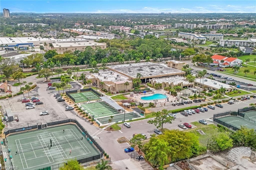 Aerial perspective showcasing a large community center with multiple amenities