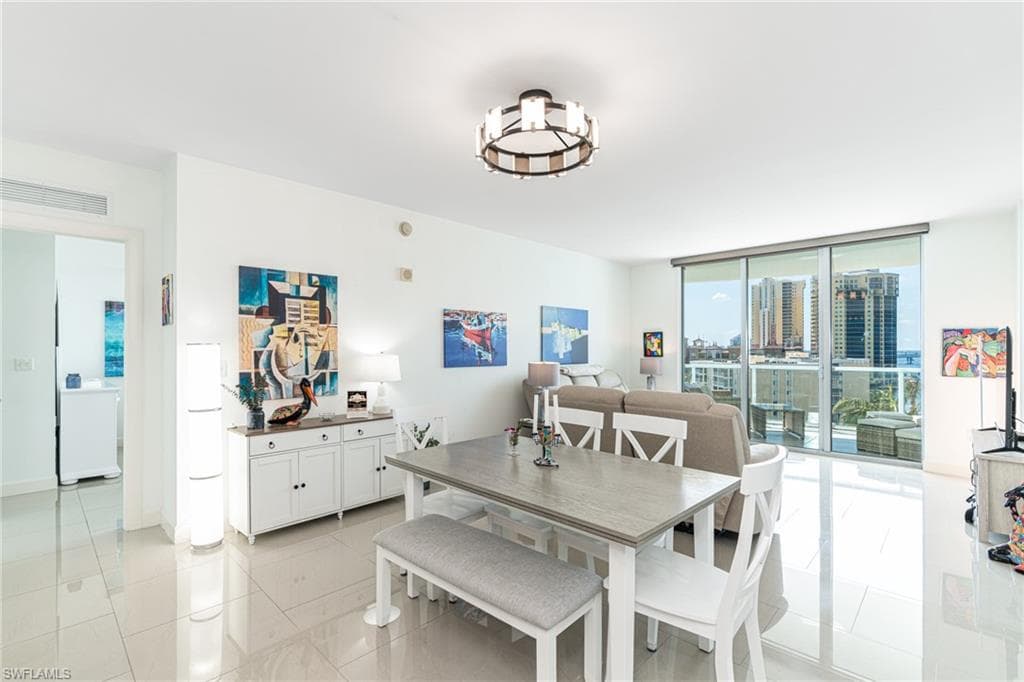 living room and dining area with review views