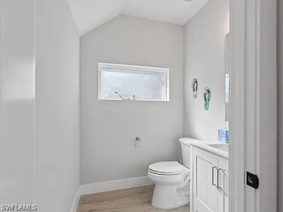 Powder room featuring a vaulted ceiling, wood-finish flooring, a white vanity with paneled cabinetry, and a rectangular window