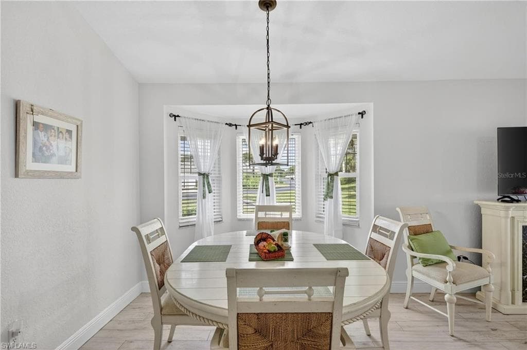 Bay window with multiple windows and white blinds