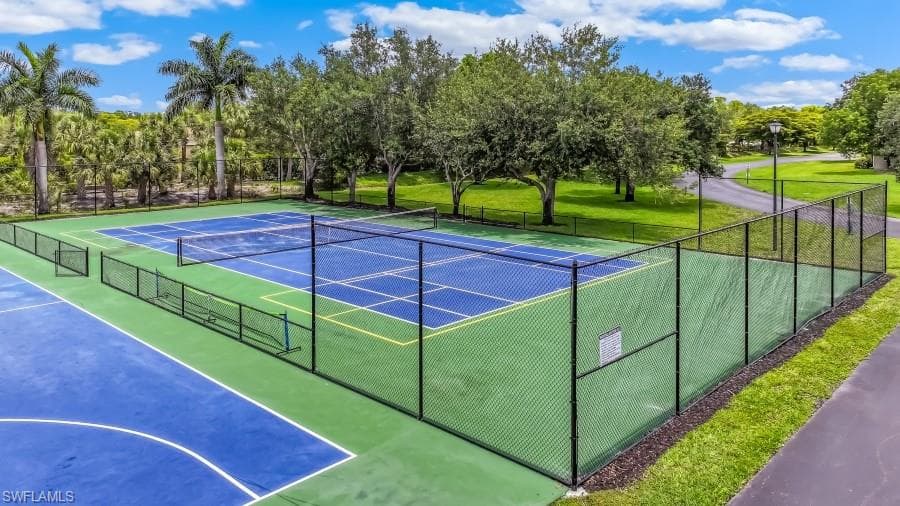 Multi-sport court featuring vibrant blue and green surfacing, black chain-link fencing, and mature perimeter trees
