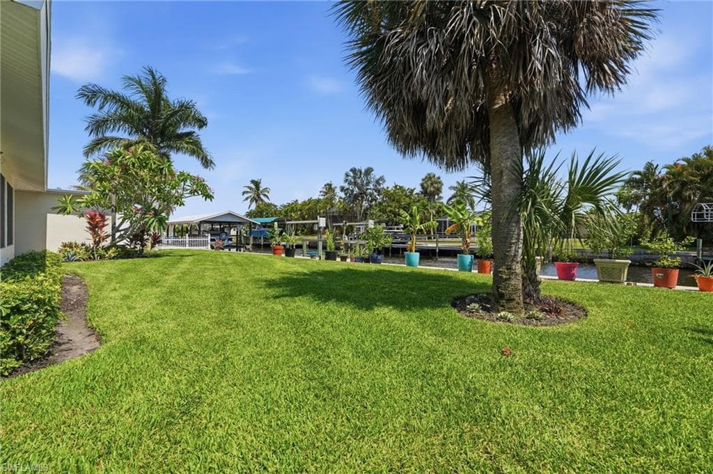 Expansive green lawn with established palm trees and tropical landscaping