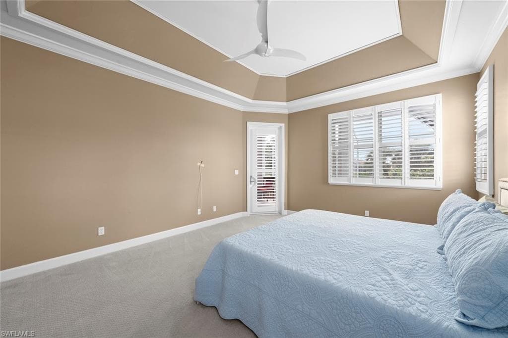 Spacious room featuring a tray ceiling with crown molding, light beige wall color, and light-colored carpeting