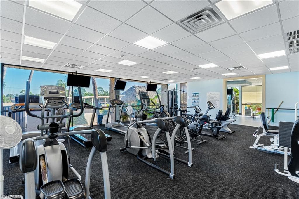 Fitness center featuring extensive cardio equipment, strength training machines, full-height windows, a grid ceiling with integrated lighting, and durable rubber flooring