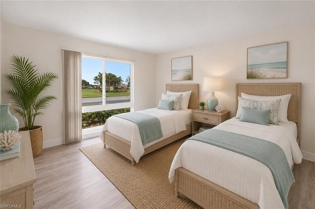 Guest bedroom flooring and paint as seen, furniture is ai generated