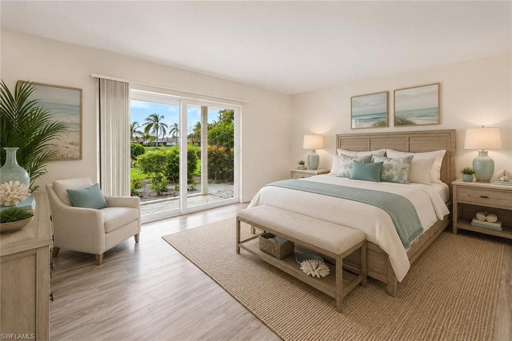 This primary bedroom is as it appears in this Glades Golf Community. The furniture is AI generated.