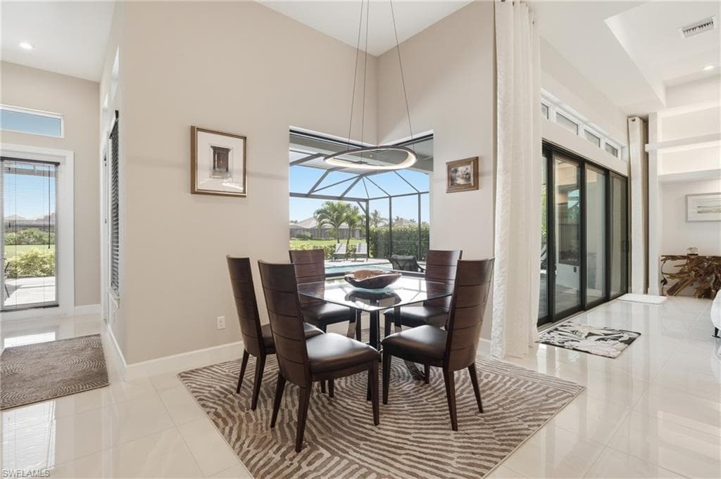 High ceilings and polished tile flooring enhance the open interior