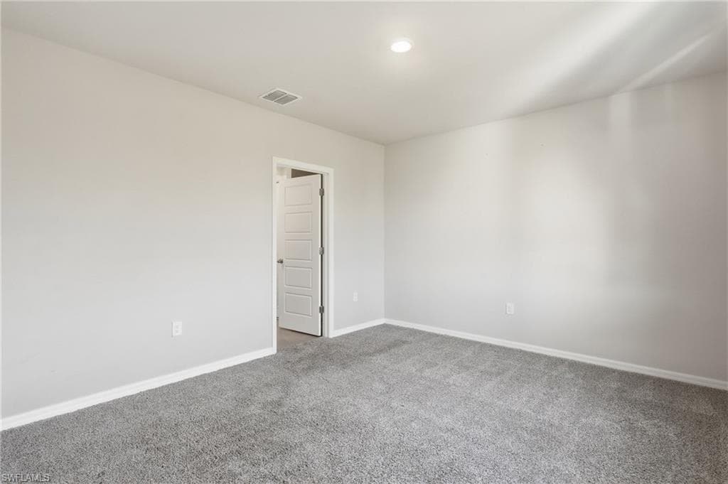 Spacious room with plush gray carpet, light neutral wall paint, white trim, and a five-panel interior door