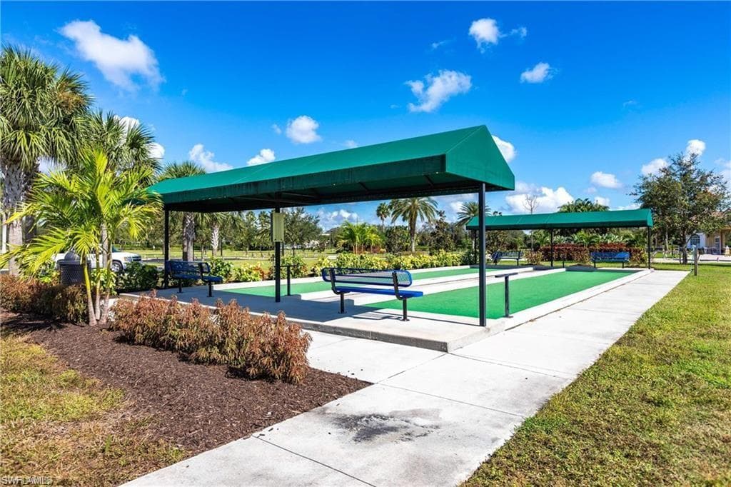 Cascades bocce ball court with covered seating.