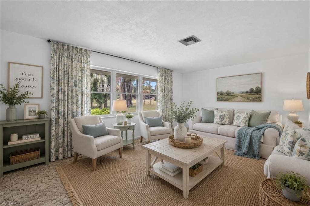 Virtually Staged Formal Living Room featuring a Large Window that looks onto the Beautiful Property