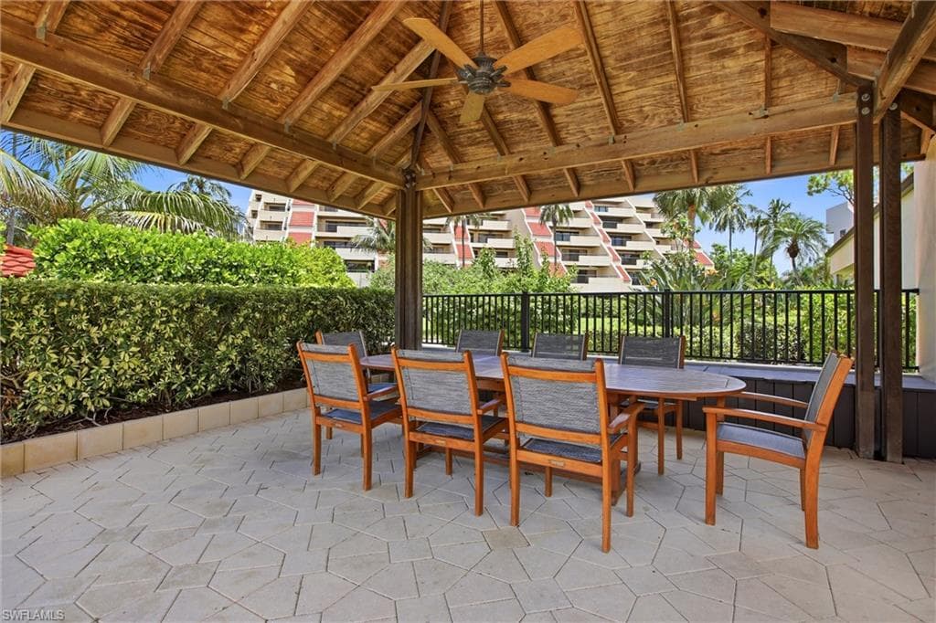 Covered seating area near pool