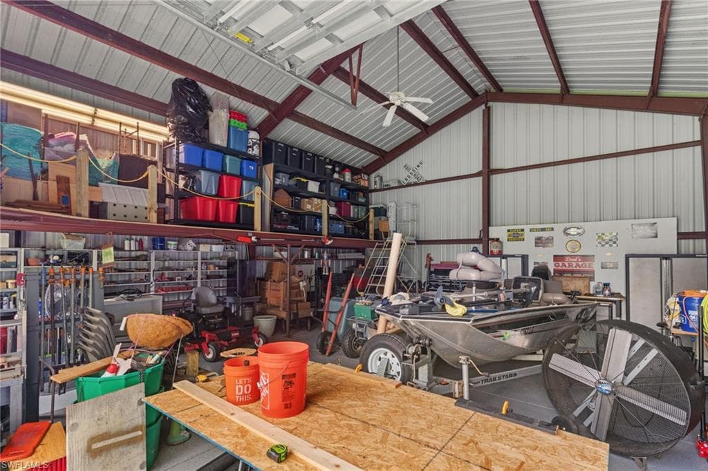 Spacious metal building featuring a corrugated metal roof and exposed steel beams