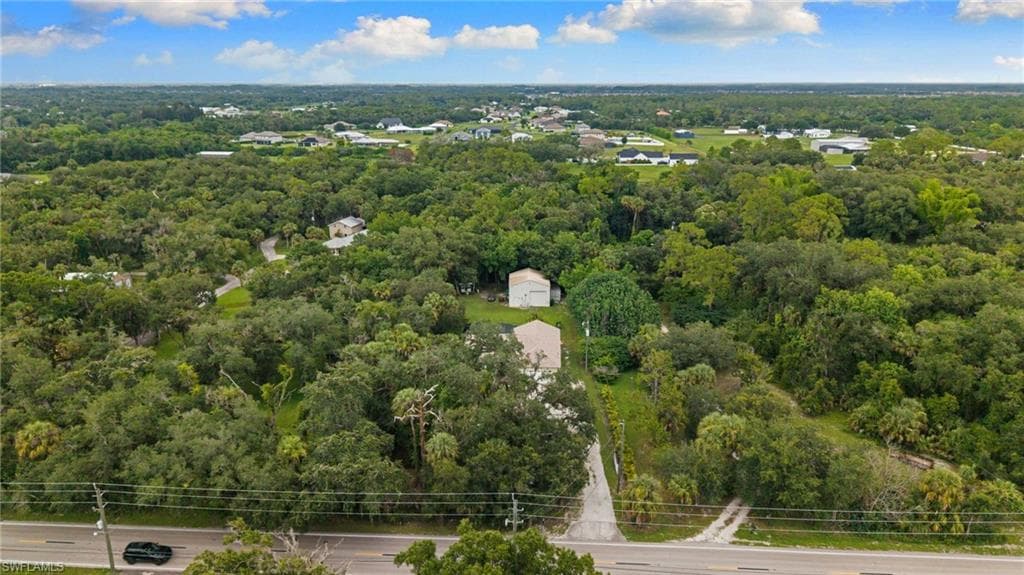 Expansive treed parcel featuring two structures and a paved road frontage