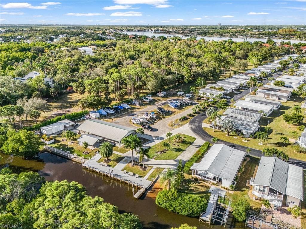 Waterfront community with extensive boat storage, multiple docks, and direct water access