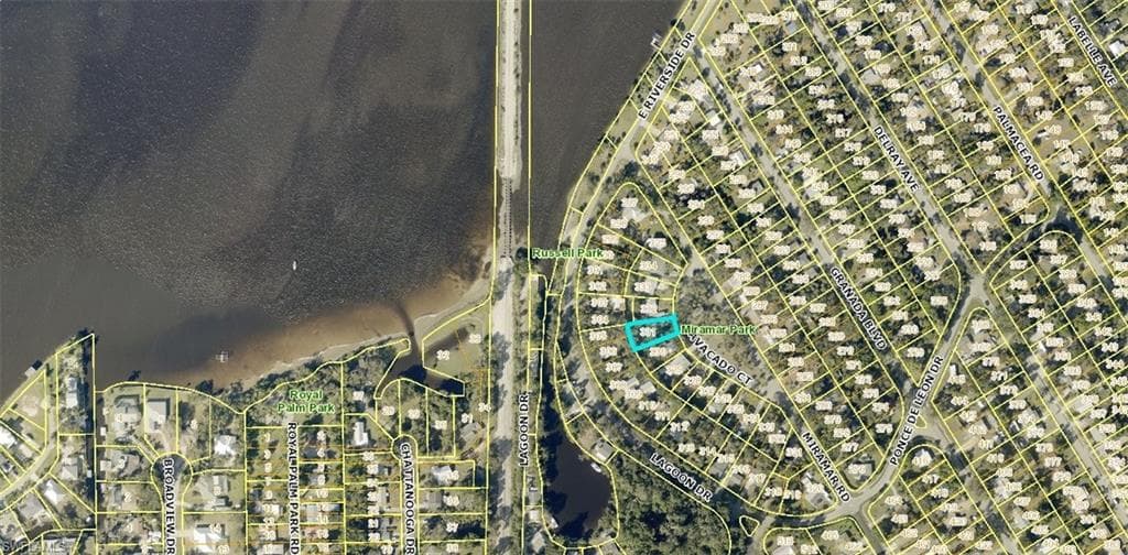 Aerial Property Map. Displaying the geographic context of the property with surrounding parcels and waterways